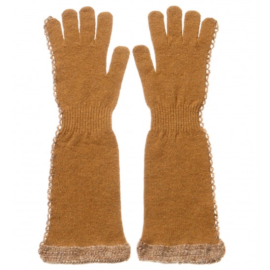 Cashmere Blend gloves with crochet decoration on the side and the bottom packaged in Signature box